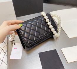 Womens Designer Pearls Wallet On Chain Black Bags Diamond Lattice Lambskin Card Holder Crossbody Shoulder Handbags Multi Pochette Large Capacity Purse 19CM