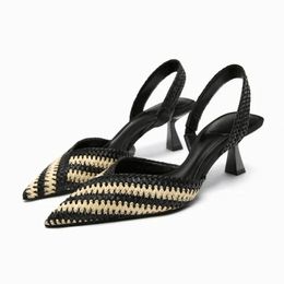 TRAF Women Woven Strap Sandals Summer Casual Pointed Toe Kitten Heeled Shoes Chic Slingbacks Stilettos Heels Elegant Prom Pumps 240318