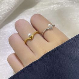 Ancient Cat Ning French Pearl Open Ring Women's 2024 Trendy INS Minimalist V-shaped Design Ring Winter