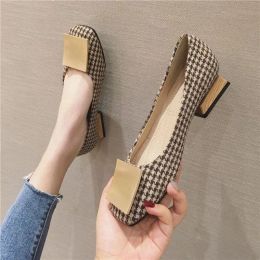 Boots Women Leisure Shoes Houndstooth Thick Low Heel Metal Decoration SlipOn Tassel Beads Spring Round Toe Pump For Office Lady