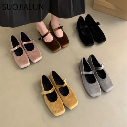 Flats SUOJIALUN New Women Flat Fashion Velvet Ladies Eelgangt Mary Jane Shoes Square Toe Shallow Slip On Ballerinas Shoes Soft Ballet