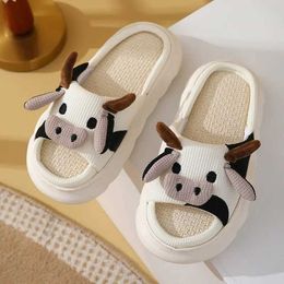 Slippers Hot selling womens milk cow linen slider seasonal mens indoor sandals adult cartoon couple cute breathable home shoes H240325