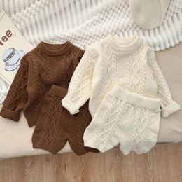 Autumn Winter Children Knitted Twist Sweater Set Kid Boy Girl Retro Casual Tops Shorts 2pcs Baby Knitting Pullover Shirt Suit 240313