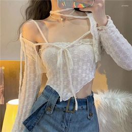 Women's Tanks Fashion Sexy Irregular Slim Fit Camisole Y2k E-Girl Long Sleeve Sun Protection Tops Women 2024 Spring Two Piece Sets