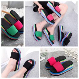 Slippers women's one-sided flip flops herringbone summer rainbow thick sole sandals high heels t outerwear casual beach wear GAI flip-flop outwear rainbow eva