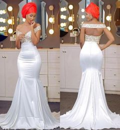 Simple White Mermaid Prom Dress With Golden Appliques Sexy Off Shoulder Sleeveless Zipper Back 2018 Prom Dress Sexy Satin Long Par5946106