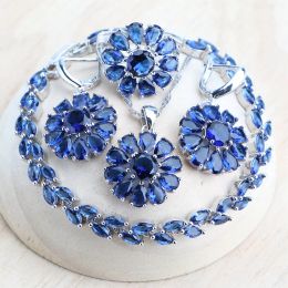 Bracelets 925 Silver Jewelry Sets For Women Wedding Blue Zircon Earrings Rings Charm Bracelets Pendant Necklace Bridal Jewelry Ladies Set