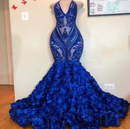 Sparkly Sequins Royal Blue Mermaid Prom Dresses 2020 See Through Deep V Neck Halter Plus Size Formal Evening Party Gowns African C1496937