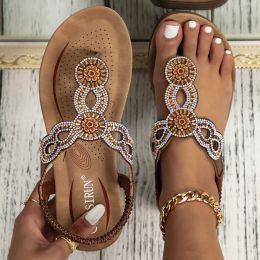 Sandals Women Wedges Sandals Elastic Ankle Strap Casual Bohemian Beach Shoes Rhinestone Decor Toe Post Thong Sandals Sandalias Mujer