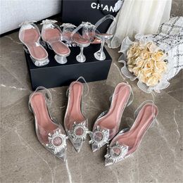 New Sunflower Water Diamond Transparent Crystal Pointed Sandals Summer sandal women Fairy Style High Heels 240228