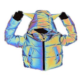 High Visible Women Coats Winter Down Fashion Casual Rainbow Reflective Cropped Puffer Bubble Jacket Cotton Hooded Coat