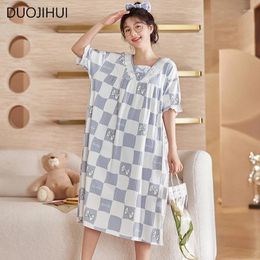 Women's Sleepwear DUOJIHUI Summer Sweet Printed Simple Bow Women Chic Neck Loose Casual Fashion Contrast Colour Soft Female Nightgown