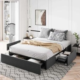 Other Bedding Supplies Full size platform bedstead with 3 storage drawers no box spring need wooden Flat noodles support easy to assemble bedding and furniture Y2403