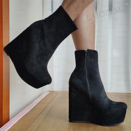 Stivali alla caviglia per donna Zeppe punta tonda Stivaletti in pelle scamosciata sintetica Piattaforma con cerniera laterale Scarpe Donna Taglia grande 39 43 45 47 50 52