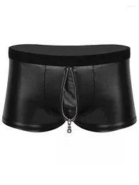Underpants S-5XL Faux PU Leather Boxershorts Zipper Open Crotch Shorts Mens Boxer Briefs Tights Convex Pouch Calzoncillo Underwear Trunks