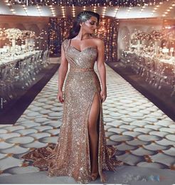 Luxurious Arabic Bling Bling Gold Sequin Evening Dresses with One Shoulder Beaded Sash Prom Dresses Sparkly Formal Party Gowns4549811