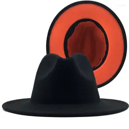 Berets Simple Black With Orange Bottom Patchwork Panama Wool Felt Jazz Fedora Hats Women Men Wide Brim Party Cowboy Trilby Gambler Hat