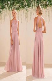 New Jasmine Bridal Blush Pink Bridesmaid Dresses Country Style Halter Neck Lace Chiffon Full Length Formal Prom Party Gowns Custom9079577