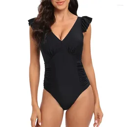 Women's Swimwear Sexy V-Neck One Piece Swimsuit For Women Ruffle Shoulder Ruched Monokini Bodysuit High Waisted Bathing Suit Beach Wear