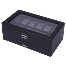 Storage Boxes 12 Slot PU Lockable Watch Men & Women Jewellery Display Drawer Case 2-Tier Organiser Showcase With Glass Lid