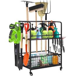 Organiser Wheels, Heavy Duty Metal Shelf, Organizers, Utility Storage Rack with Hooks for Yard Garden Garage Tool Holder