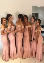 Blush Pink Mermaid Bridesmaid Dresses Off Shoulder Floor Length Lace Garden Wedding Guest Party Gowns Maid of Honour Dress Arabic P9446291