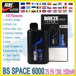 certified products BREZE STIIK SPACE 6000 puff Disposable E Cigarettes Non-rechargeable 1500mAh13ml 2%or 5% strength 5 LED indicators keep track of device'sbatter