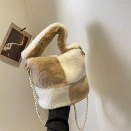 Evening Bags Fashion Plush Ladies Handbag Autumn Winter Crossbody Bag Contrast Color Small Bucket Satchels Faux Fur Women Shoulder