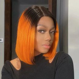 Straight Bob Wigs Orange Omber Colour Lace Closure Human Hair for Women Blonde Ombre Coloured 4x4x1 Straight Bob Human Hair Wig