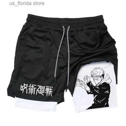 Men's Shorts Itadori Yuji 2 in 1 Compression Shorts for Men Anime Jujutsu Kaisen Performance Shorts Basketball Sports Gym Shorts with Pockets Y240320