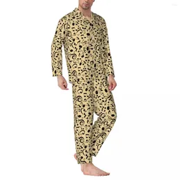 Men's Sleepwear Music Notes Pyjamas Set Yellow And Black Warm Women Long Sleeve Vintage Room 2 Piece Nightwear Big Size XL 2XL