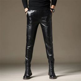 Tight leather pants mens feet pants fashion motorcycle pu trousers for men velvet thick black personality pantalon