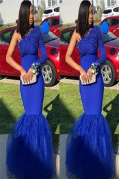Sexy Royal Blue South African Prom Bridesmaid Dresses 2020 Mermaid One Shoulder with long Sleeves Lace Cheap Evening Formal Pagean5068797