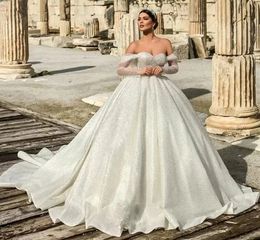 Sparkly A-line Wedding Dress 2024 Off The Shoulder Sequins Beads Bridal Party Gowns Arabic Vestidos De Novia