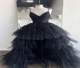 Glitter Black Hi Low Prom Evening Dresses with Spaghetti Straps Layered Tulle Sequined Short Front Long Back Party Cocktail Pagean4910798
