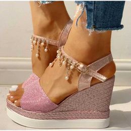 Dress Shoes 2024 New Women Wedge Sandals Summer Bead Studded Detail Platform Buckle Strap Peep Toe Thick Bottom Casual LadiesWLF9 H240321