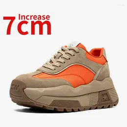 Casual Shoes Genuine Leather Retro For Women's Height Increase 7cm Orange Leisure Sports Comfortabl Fashionable Elevator Sneakers