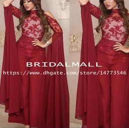 Long Sleeve Dark Red Jumpsuit Prom Dresses High Neck Appliques African Formal Evening Gowns Abenkleider Celebrity Dress Cocktail P3924355