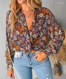 Women's Blouses Casual Women Shirt Clothing V Neck Ditsy Floral Print Single-Breasted Button Top Spring Summer Loose Office Blouse