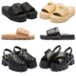 Designer Sandaler Guld Buckle Slip On Black Brown Pool Slippers virkade glidbanor Womens Casual Sandals Platform Wedges Straw Flatform Slipper 35-42