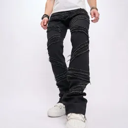 Men's Jeans Men Stacked Spliced Biker Streetwear Motorcycle Male Distressed Solid Cotton Casual Slim Straight Denim Pants