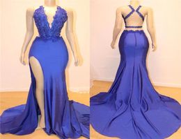 Navy Blue Mermaid Long Prom Dresses V Neck Applique Sequins Split Evening Gowns Criss Cross Backless Formal Party Dress BC11538965028
