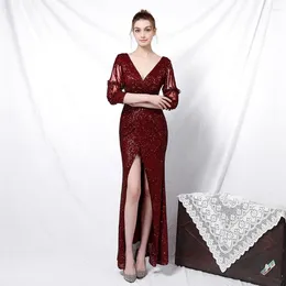 Party Dresses Red Sequined V Neck Hollow Out Half Sleeve Side Split Long Fashion Night Club Dress Sexy Elegant Women For Wedding