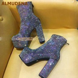 Boots ALMUDENA Black MultiColor Crystal Chunky Heel Ankle Boots Luxury Glitter Full Rhinestone Platform Wedding Shoes Shining Booties