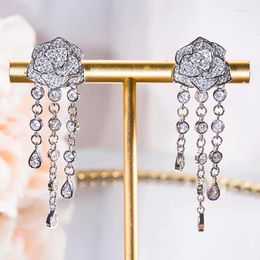 Stud Earrings QINHUAN Camellia Tassel Female Sterling Silver Rose Long Group Set Full Diamond Celebrity Dinner Jewellery