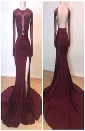 2022 Custom Prom Dresses Jewel Slit Mermaid Burgundy Lace Appliques Beaded Long Sleeves Backless Evening Dress Party Pageant Forma4211437