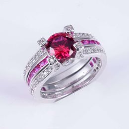 Fashion 925 Sterling Silver Ring Set Jewellery Ladys Princess-cut Ruby Gemstone Cz Engagement Wedding Bride Rings Finger
