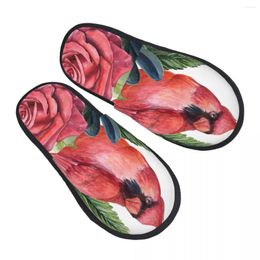 Slippers Winter Slipper Woman Man Fluffy Warm Bird Red Cardinal With Rose Berries House Shoes