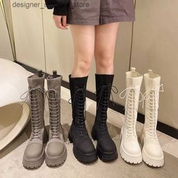 Boots Short and chubby platform knitted long boots for womens 2022 autumn thick soled warm socks shoes for womens lace upper knee high Botas De Mujer Q240321