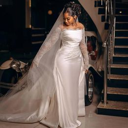 Fabulous Sheer Neck Mermaid Bridal Wedding Dresses Long Sleeve with Detachable Train Wedding Gown Pleat Satin Robe De Mariee